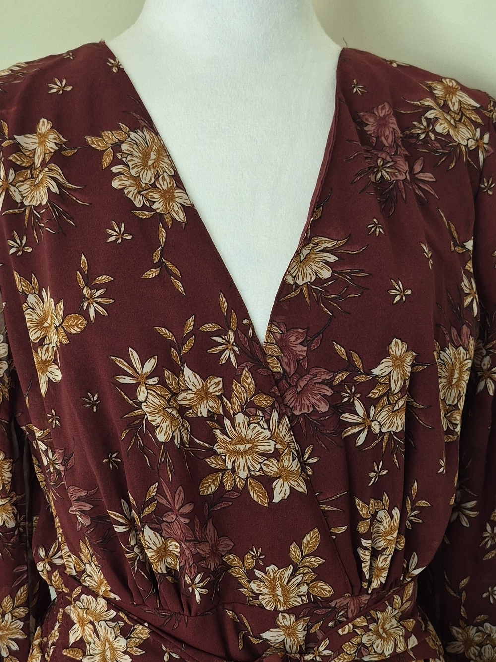 Japna Burgundy Floral Tie-Waist Long-Sleeve Dress Size XL - Picture 5 of 10
